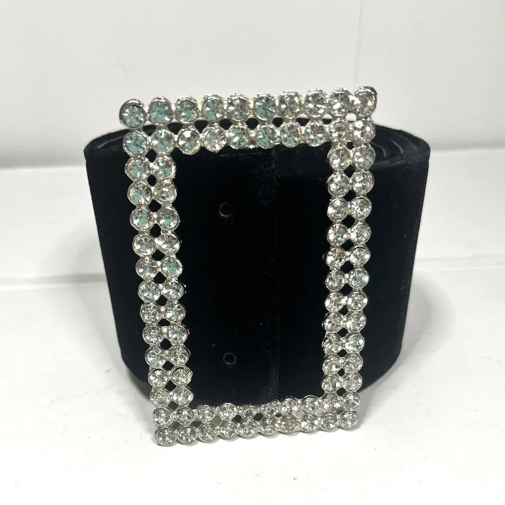 Ladies AFTER FIVE Black Suede Belt with Large Rhinestone Buckle 3